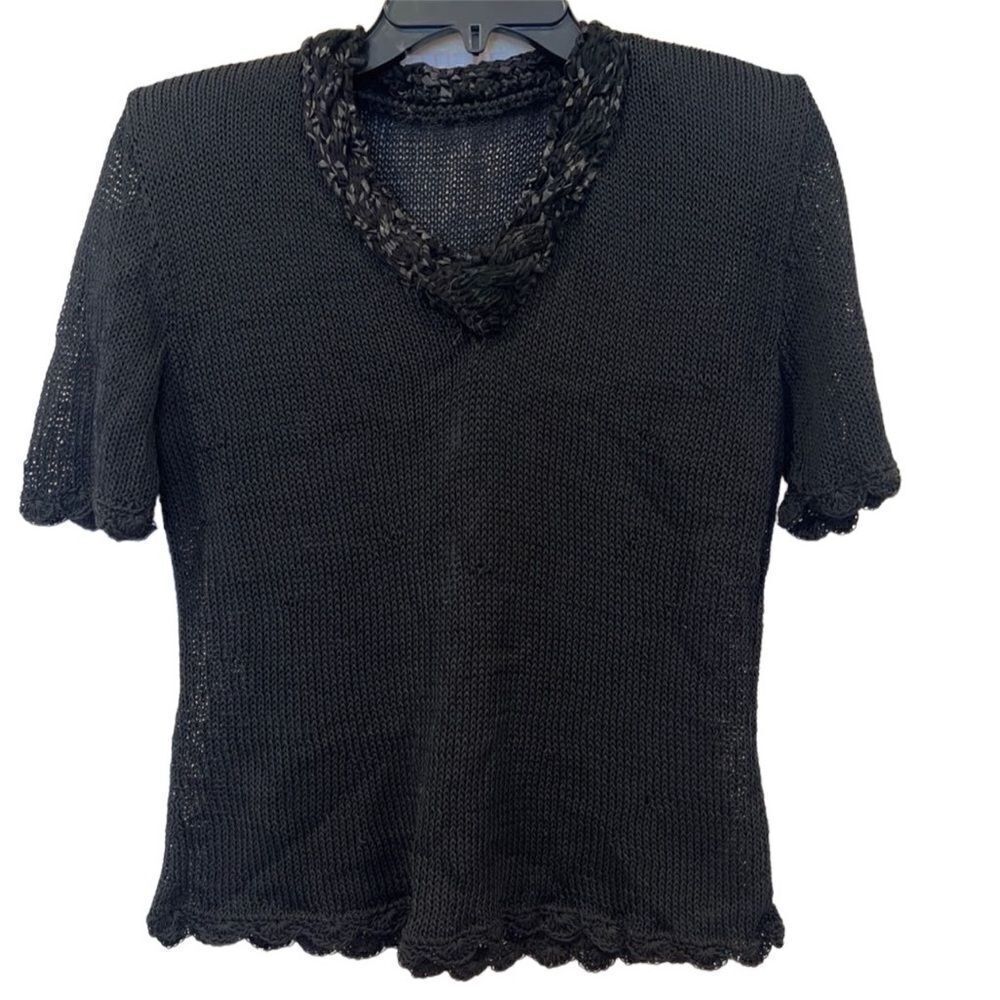 Vintage Black leather & Knit V-neck sweater Sz.M NWT